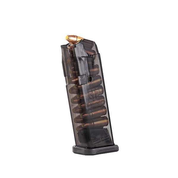 Elite Tactical Systems Carbon Smoke Mag for Glock 19 with clear body, showing ammo type and count. Durable and resistant to harsh conditions.